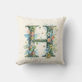 水彩の緑の妖精モノグラム文字H クッション