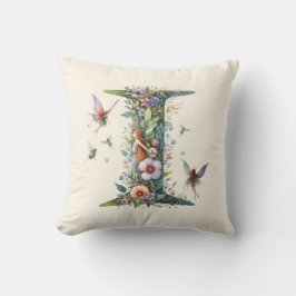 水彩の緑の妖精モノグラム文字I クッション