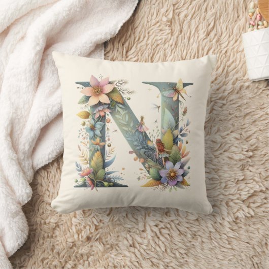 水彩の緑の妖精モノグラム文字N クッション (ブランケット)