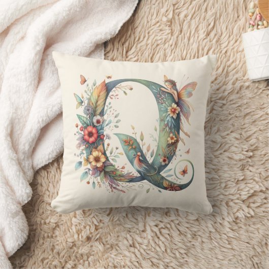 水彩の緑の妖精モノグラム文字Q クッション (ブランケット)