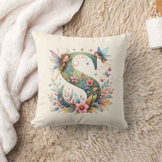 水彩の緑の妖精モノグラム文字S クッション (ブランケット)