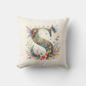 水彩の緑の妖精モノグラム文字S クッション (正面)