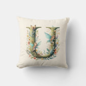 水彩の緑の妖精モノグラム文字U クッション (正面)