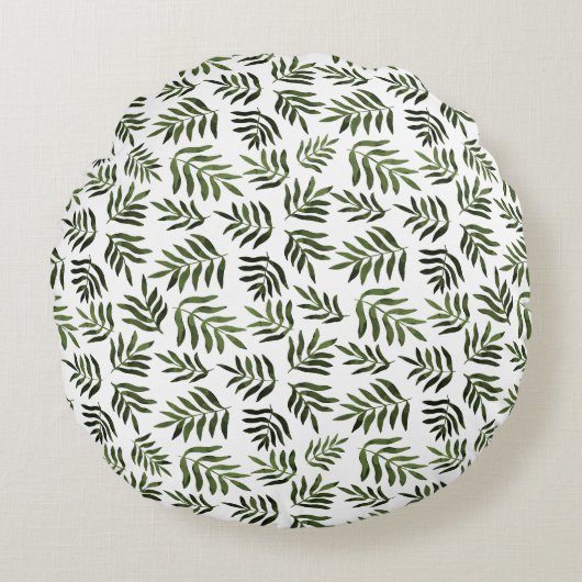 水彩の緑の枝模様 ラウンドクッション (正面)