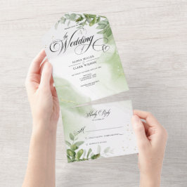 水彩の緑の結婚葉 オールインワン招待状