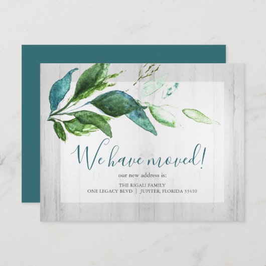 水彩の緑の葉の動きのお知らせ セーブザデート (正面/裏面)