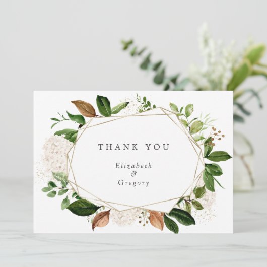 水彩の緑の葉の金ゴールド幾何学模様 サンキューカード (スタンド正面)