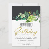 水彩の緑の葉の黒任意の年齢の誕生日 招待状 (正面)