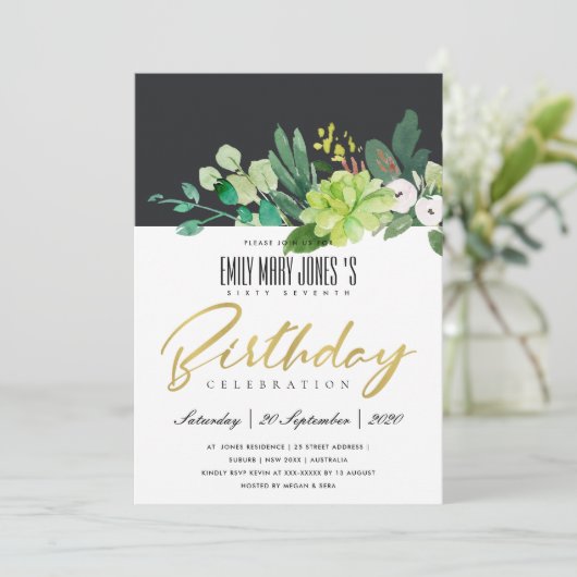 水彩の緑の葉の黒任意の年齢の誕生日 招待状 (スタンド正面)