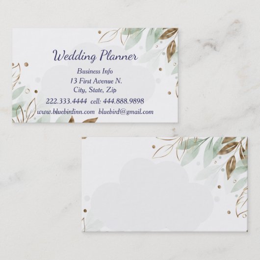 水彩の緑の葉ウェディングプランナーカスタム 名刺 (正面/裏面)