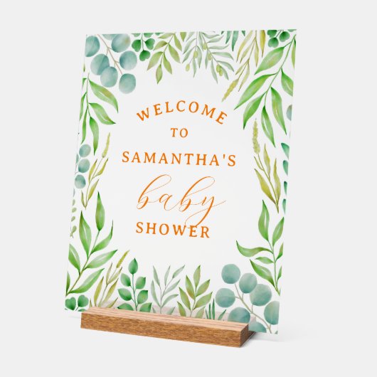 水彩の緑の葉ベビーシャワーへようこそ アクリルサイン (傾斜)