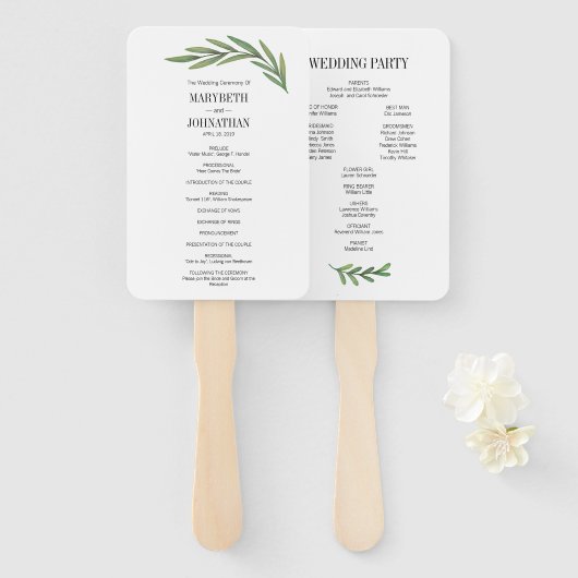 水彩の緑の葉結婚式 プログラムファン ハンドファン (正面&裏面)