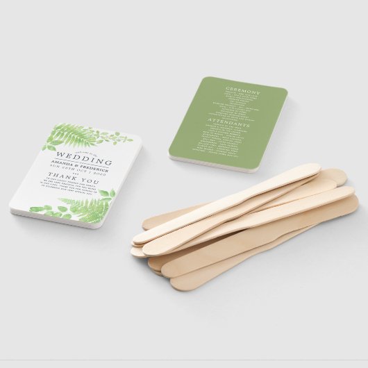 水彩の緑の葉結婚式 プログラム ハンドファン (組立なし)