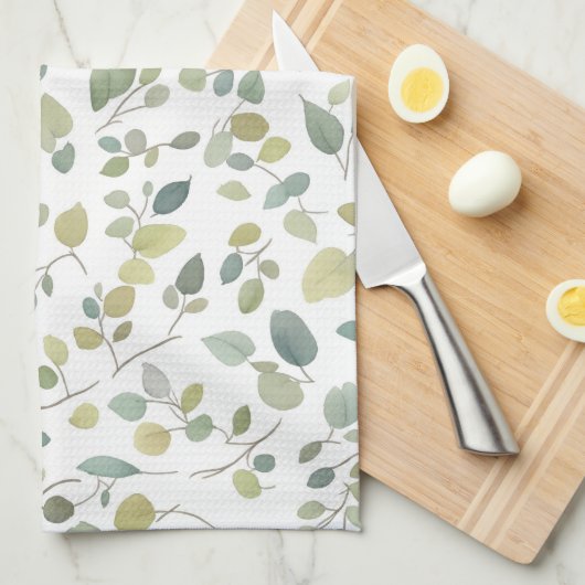 水彩の緑の葉色のパターン キッチンタオル (四つ折り)