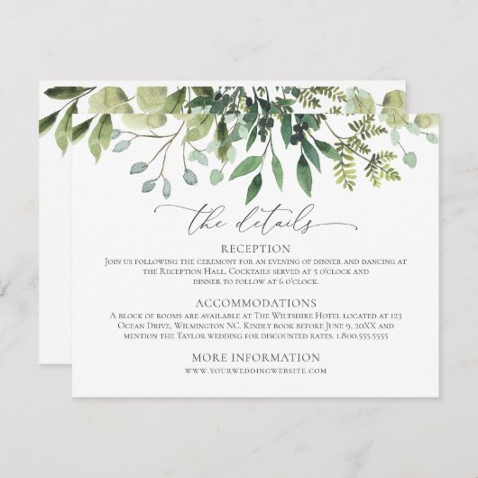 水彩の緑結婚の詳細エンクロージャカード 出欠カード (正面/裏面)