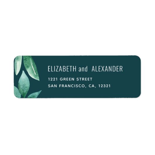 水彩の緑葉のティール（緑がかった色）結婚の住所 ラベル (正面)