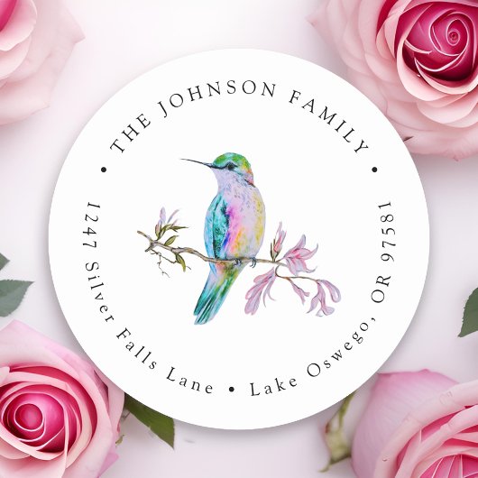 水彩の美しいハミングバードの差出人住所ラベル ラウンドシール