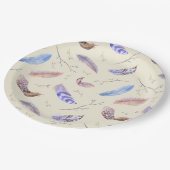 水彩の羽と葉枝のパターン ペーパープレート (アングル)