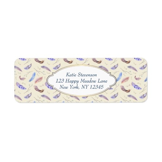 水彩の羽と葉枝のパターン ラベル (正面)