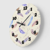水彩の羽と葉枝のパターン ラージ壁時計 (傾斜)