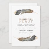 水彩の羽根のデュオ サンクスギビングのごちそうへの招待 招待状 (正面/裏面)