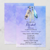 水彩の羽毛がブルー紫のブライダルシャワー 招待状 (正面/裏面)