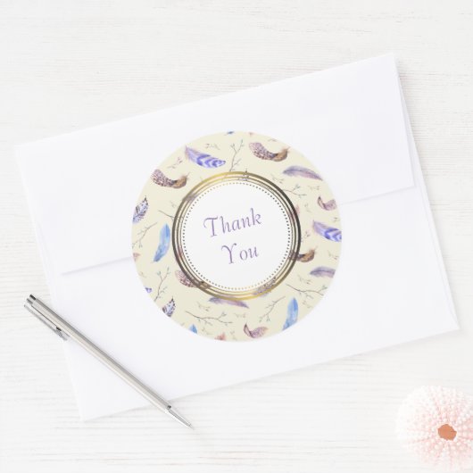 水彩の羽毛と小枝を離れありがとう ラウンドシール (封筒)