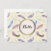 水彩の羽毛 葉と茎のパターン ポストカード (正面/裏面)