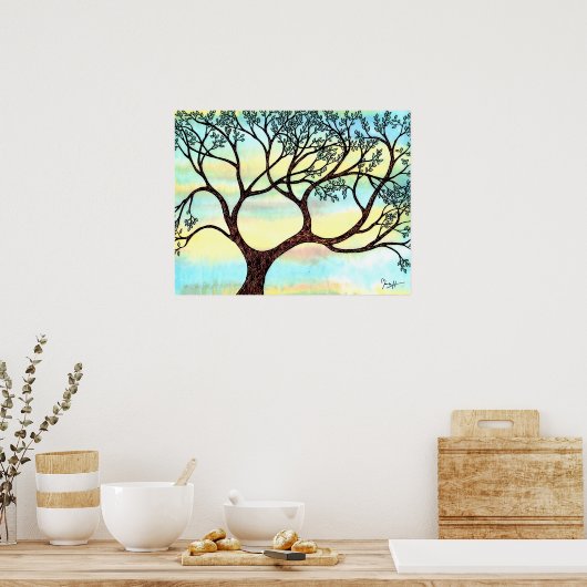 水彩の背景を持つベラムの木 ポスター (キッチン)