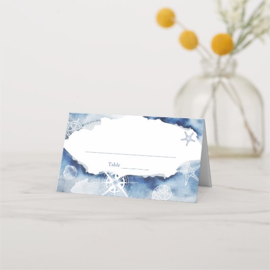 水彩の航海をテーマにしたウェディングシャワーまたは結婚式 プレイスカード (正面)