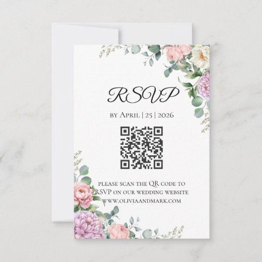 水彩の芍薬とユーカリの出欠確認カード | 春 出欠カード (正面)