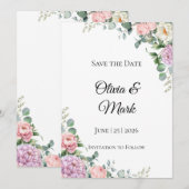 水彩の芍薬とユーカリの結婚式お知らせカード セーブザデート (正面/裏面)