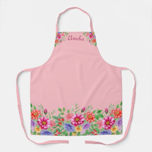 水彩の花が咲くかわいいピンクのエプロン エプロン (正面)