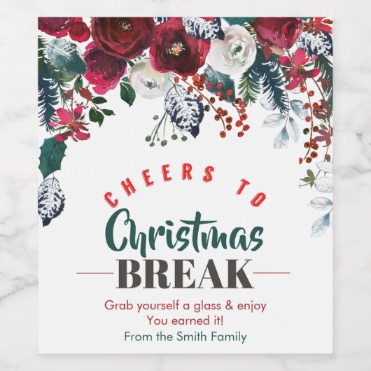 水彩の花でクリスマスブレイクをお祝い ワインラベル (シングルラベル)