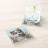 水彩の花とシベリアのハスキーの子犬 ガラスコースター (アングル)