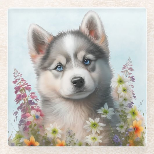水彩の花とシベリアのハスキーの子犬 ガラスコースター (正面)