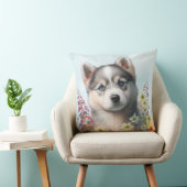 水彩の花とシベリアのハスキーの子犬 クッション (椅子)