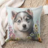 水彩の花とシベリアのハスキーの子犬 クッション (ブランケット)