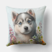 水彩の花とシベリアのハスキーの子犬 クッション (裏面)