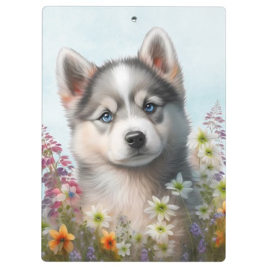 水彩の花とシベリアのハスキーの子犬 クリップボード (裏面)
