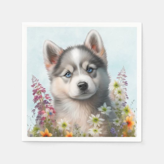 水彩の花とシベリアのハスキーの子犬 スタンダードカクテルナプキン (正面)