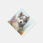 水彩の花とシベリアのハスキーの子犬 スタンダードカクテルナプキン (角)