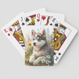 水彩の花とシベリアのハスキーの子犬 トランプ