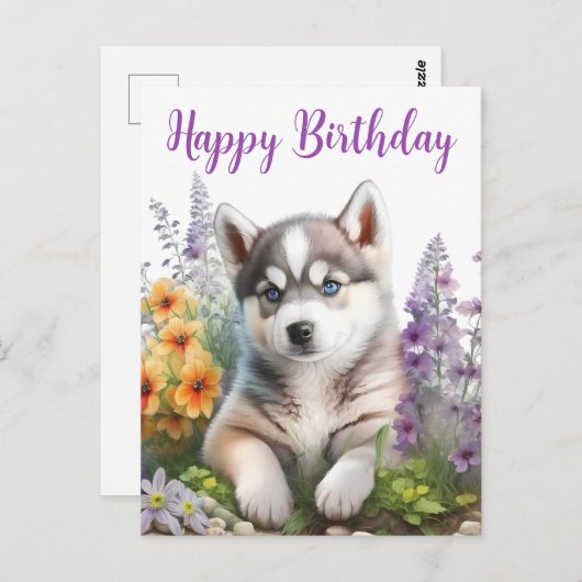 水彩の花とシベリアのハスキーの子犬 ポストカード (正面/裏面)