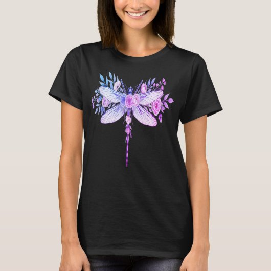 水彩の花とトンボのアートTシャツ - ボタニカ Tシャツ (正面)