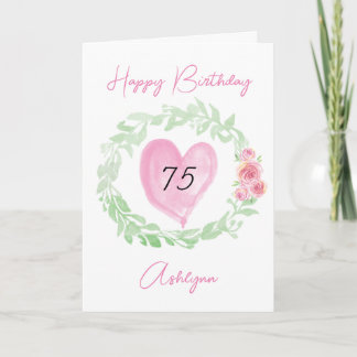 水彩の花とハートの75歳の誕生日 カード