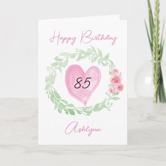 水彩の花とハートの85歳の誕生日 カード (正面)