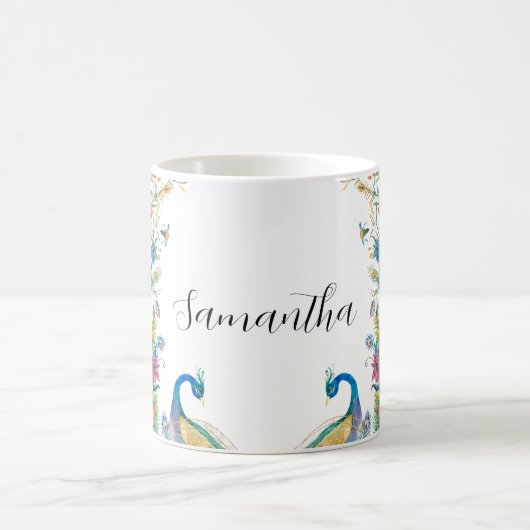 水彩の花とピーコックのフレーム コーヒーマグカップ (中央)
