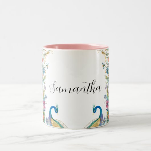 水彩の花とピーコックのフレーム ツートーンマグカップ (中央)