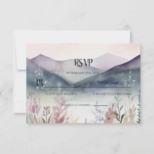 水彩の花と春の山のRSVP ノートカード (正面)